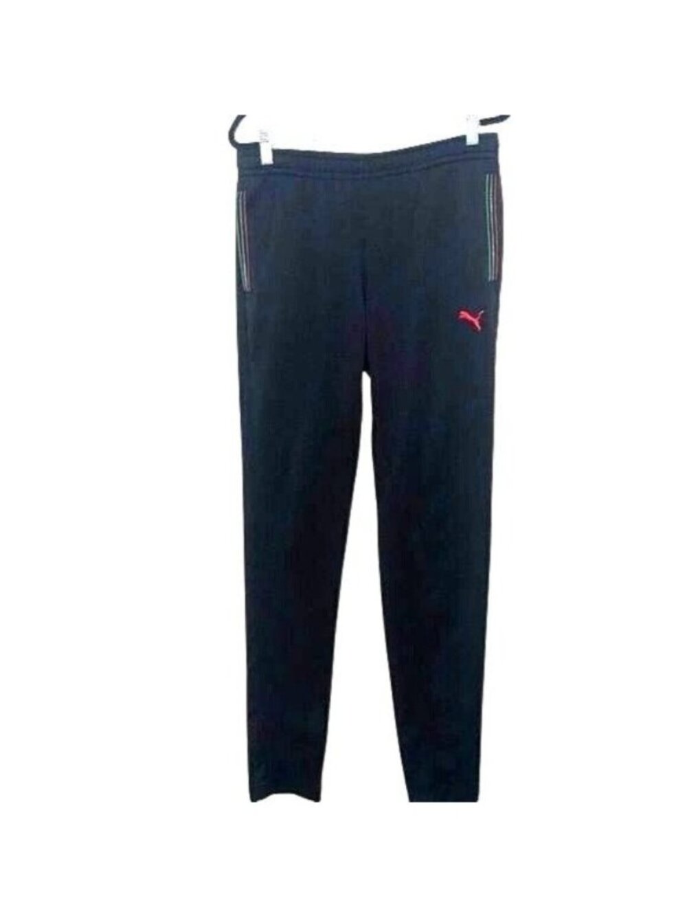 Puma Ferrari Black Track Pants Size M With Red Logo & Green-Red Stripe Accents
